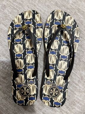 Tory Burch Black Flip Flops with Navy & Cream Print